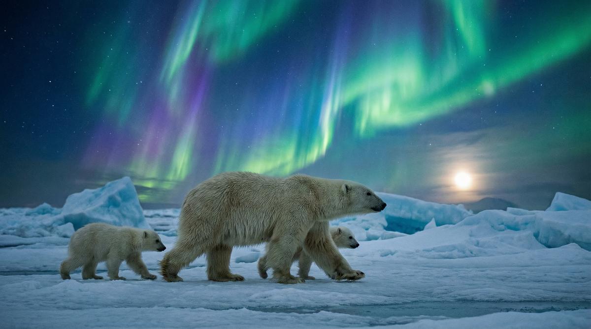 人兽北极熊视频 - 极光下的母子视频